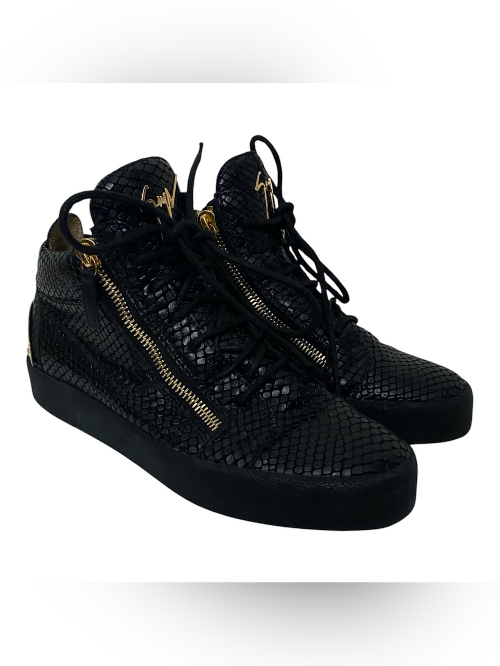 Giuseppe Zanotti Black Snake-Textured High Top Sneakers with Gold Zipper 41 US 8
